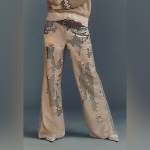 Anthropologie Beige Sequin Wide-Leg Jeans
